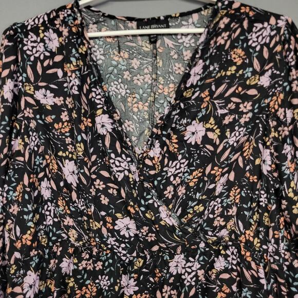 Lane Bryant Top Womens 22/24 Black Floral Surplice Wrap Peplum Long Sleeve Boho - Picture 4 of 12